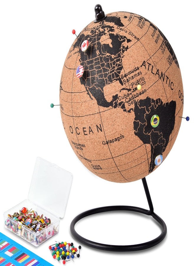 YCCYYCCY 6" Cork Globe with 100 National Flag Pins & 50 Colored Push Pins - Cork World Map with Rotating Stand - Pin Globe for Travel Tracking, Home or Office Decor - Gift for Couples & Families(DH-DQY-145) - Image 1
